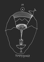 Line drawing of a face with a wine glass and flame, symbolizing 'Temperance', on a black background.