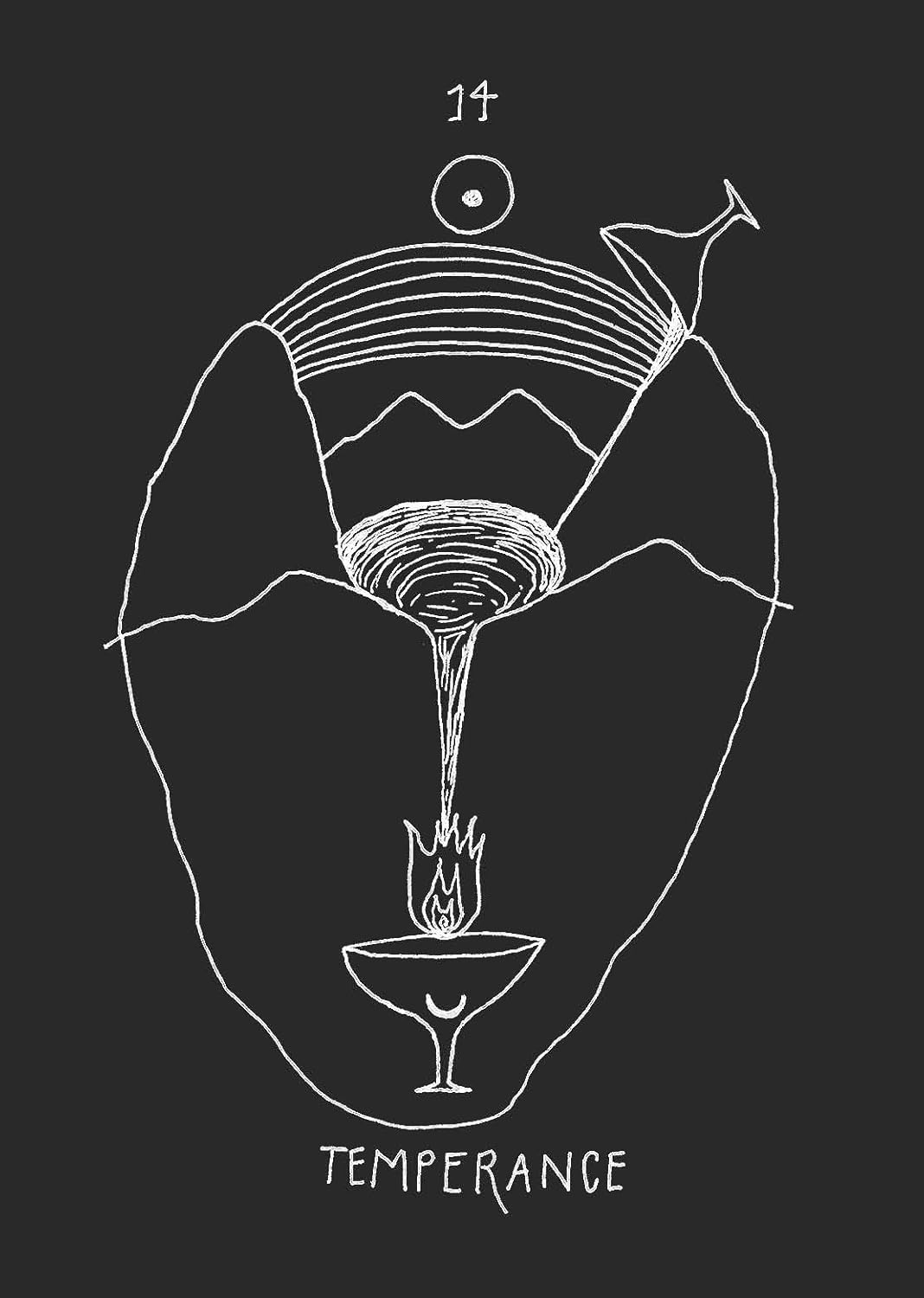 Line drawing of a face with a wine glass and flame, symbolizing 'Temperance', on a black background.