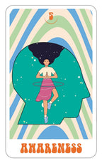 Card with a stylized illustration of a person hula hooping, set against a colorful abstract background with the word 'Awareness' at the bottom.