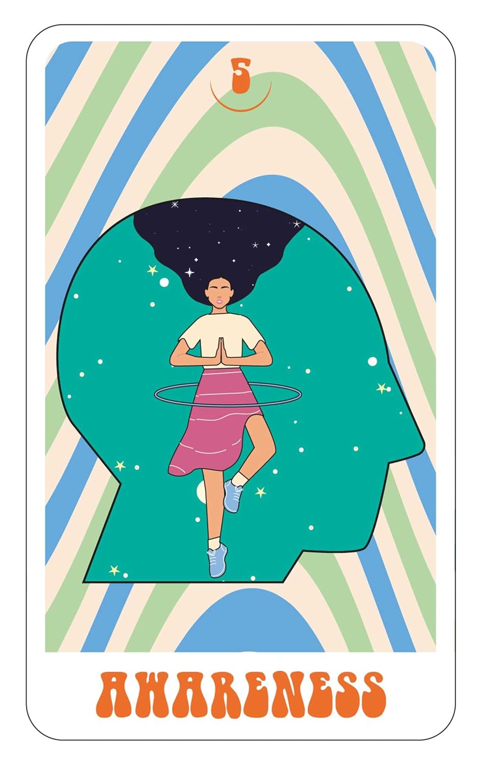 Card with a stylized illustration of a person hula hooping, set against a colorful abstract background with the word 'Awareness' at the bottom.