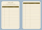 Two cream-colored daily pull cards with brown headers and grid lines, displayed side-by-side on a light blue background.