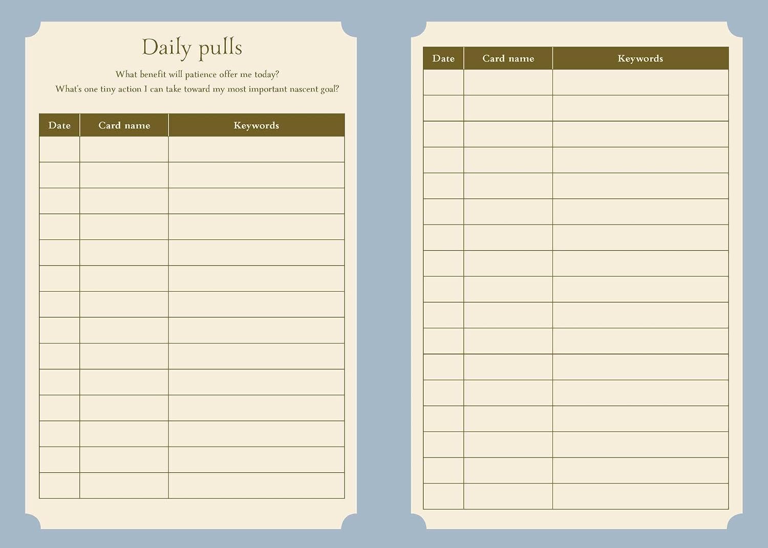 Two cream-colored daily pull cards with brown headers and grid lines, displayed side-by-side on a light blue background.