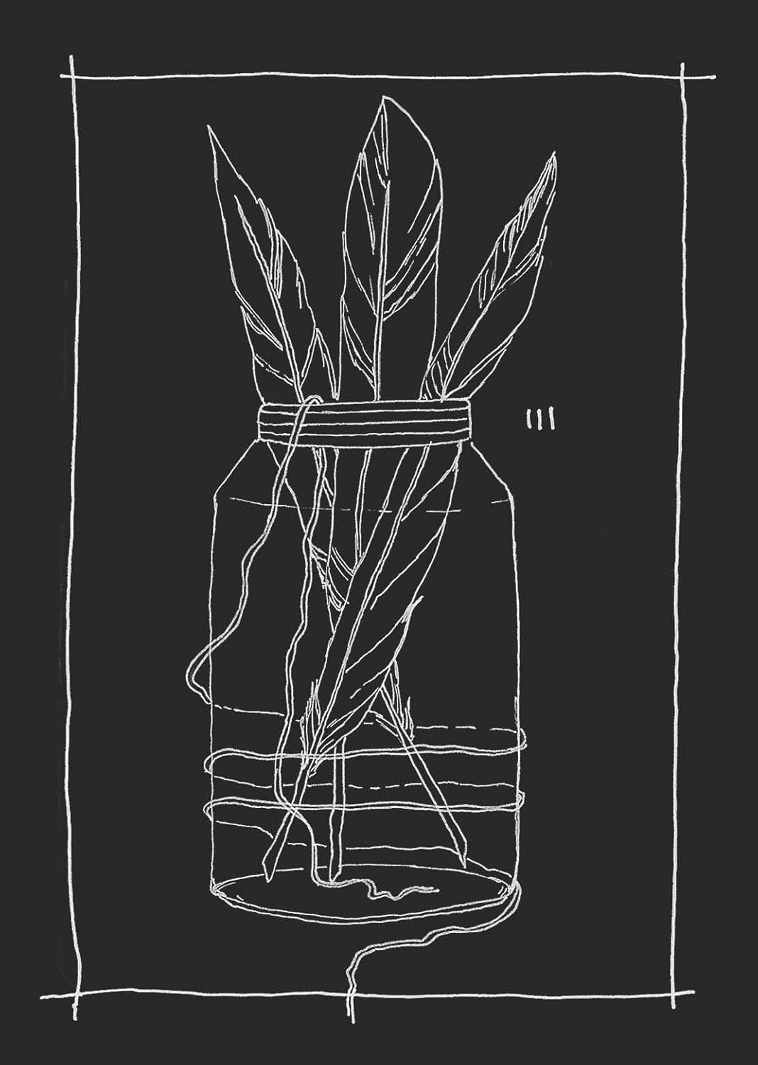 Line drawing of a jar with plants on a black background