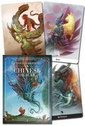 Four cards from the 'Chinese Oracle' deck by Paolo Barbieri, featuring colorful illustrations of mythical creatures.
