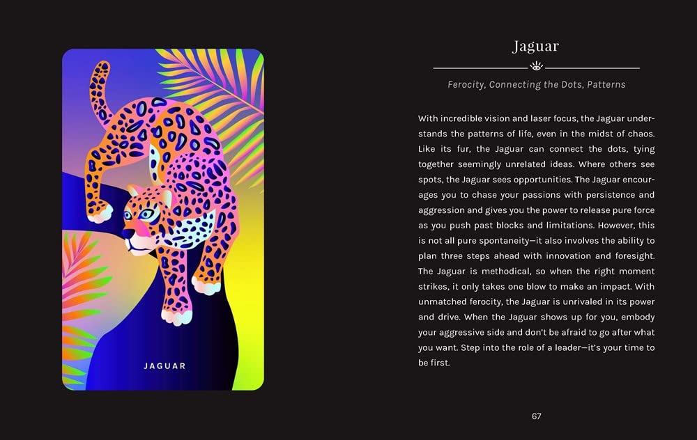 Colorful illustration of a jaguar on a card with text on a black background