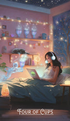 Woman using a laptop in a cozy bedroom with shelves and a window showing a night sky.