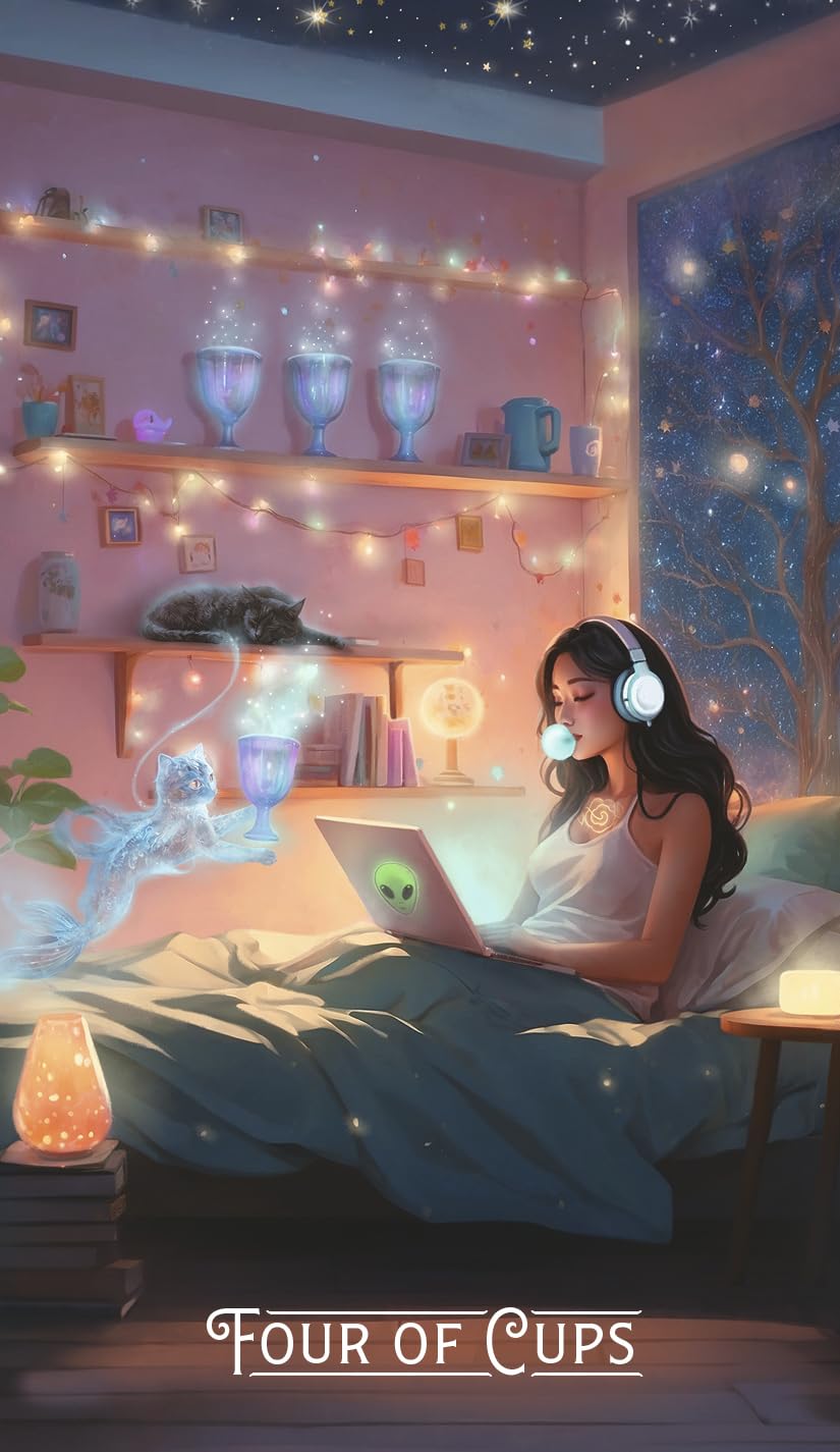 Woman using a laptop in a cozy bedroom with shelves and a window showing a night sky.