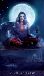 Tarot card featuring a figure sitting on a chariot under a full moon with a mystical landscape.