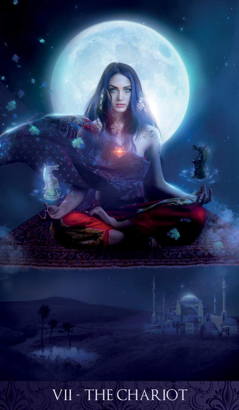 Tarot card featuring a figure sitting on a chariot under a full moon with a mystical landscape.
