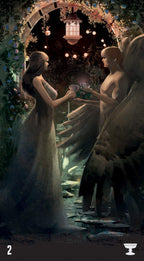 Two figures, one human and one angelic, holding hands under a decorated archway.