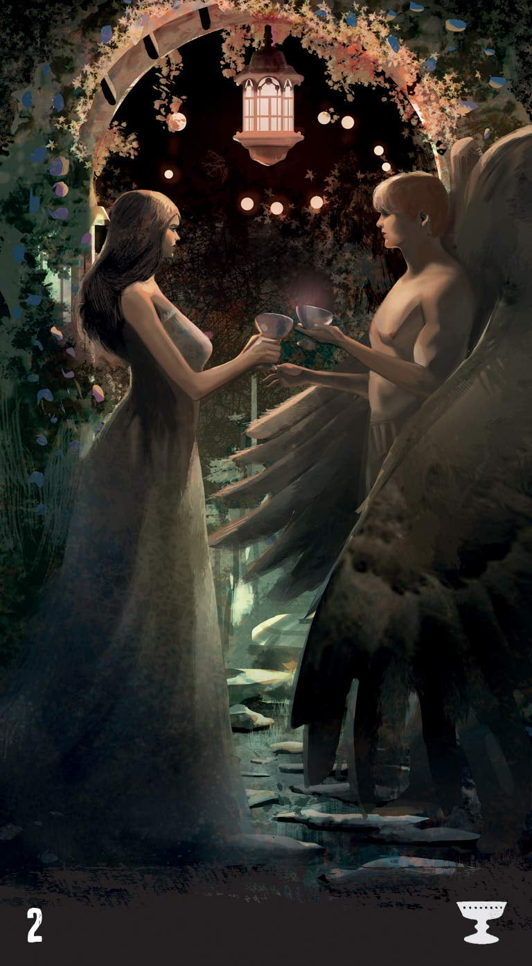 Two figures, one human and one angelic, holding hands under a decorated archway.