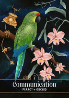 Illustration of a parrot and orchids with 'Communication' text on a dark background