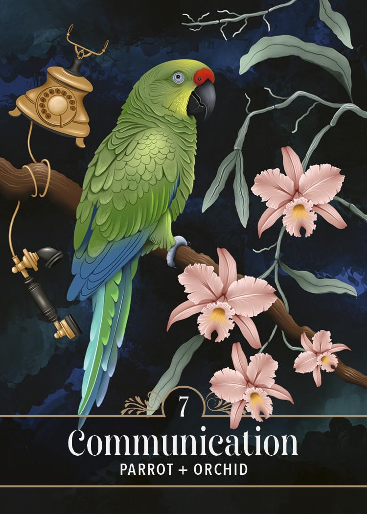 Illustration of a parrot and orchids with 'Communication' text on a dark background
