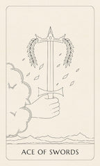Line drawing of a hand holding a sword with decorative elements on a beige background, labeled 'Ace of Swords'.