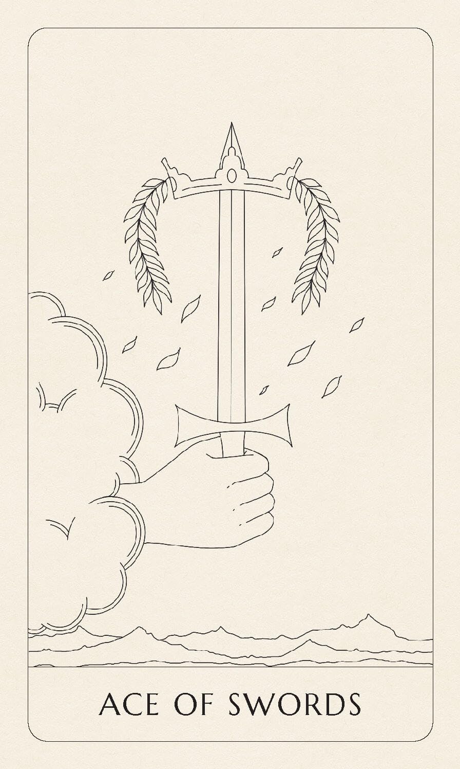 Line drawing of a hand holding a sword with decorative elements on a beige background, labeled 'Ace of Swords'.