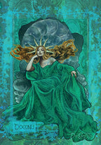 Artistic depiction of a woman in a green dress with flowing hair against a textured blue and gray background.
