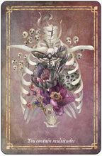 Decorative card with floral and bone design on a purple background