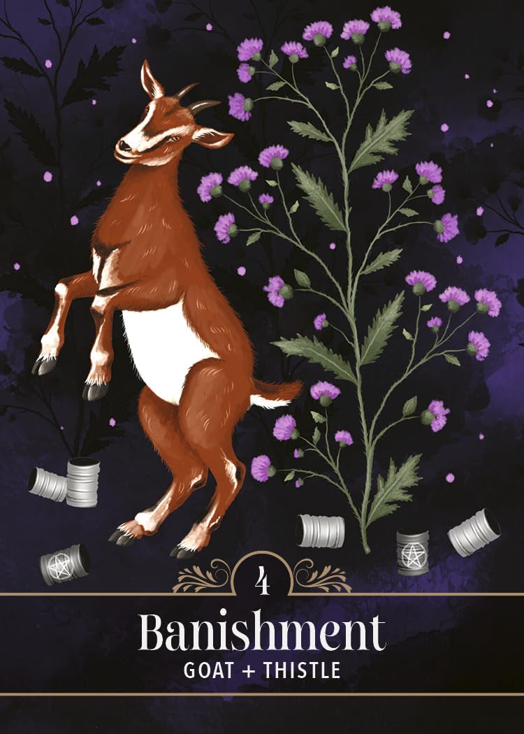 Card featuring a goat and thistle with the word 'Banishment' on a dark background