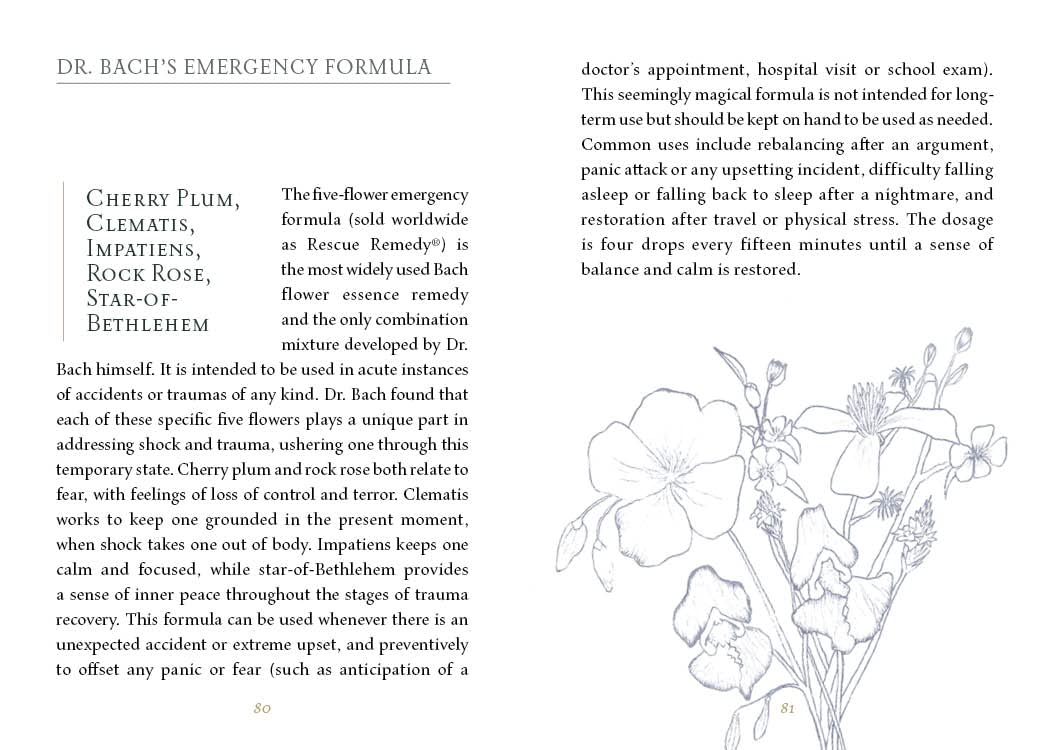Book page with text about Dr. Bach's Emergency Formula and a floral illustration.