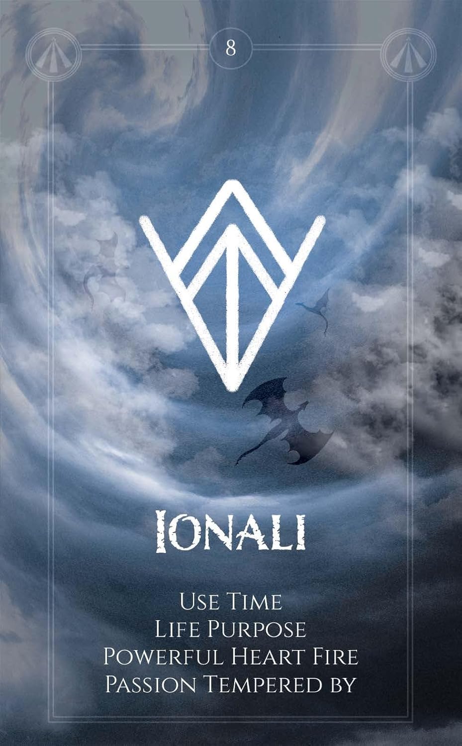 Cover of a book titled 'IONALI' with a symbol and text on a cloud-themed background