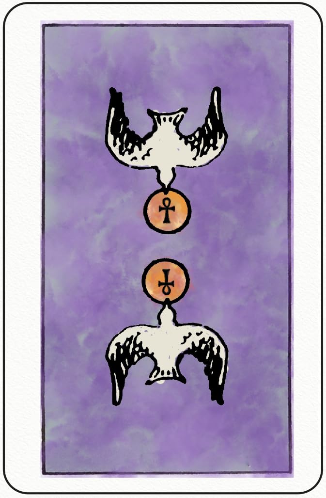 Tarot card with two bird-like figures on a purple background