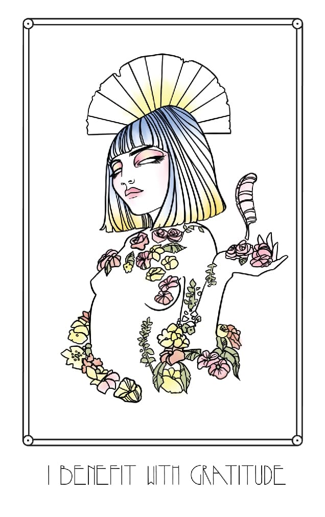Illustration of a person with floral elements and a halo-like headpiece, with text 'I benefit with gratitude' below.