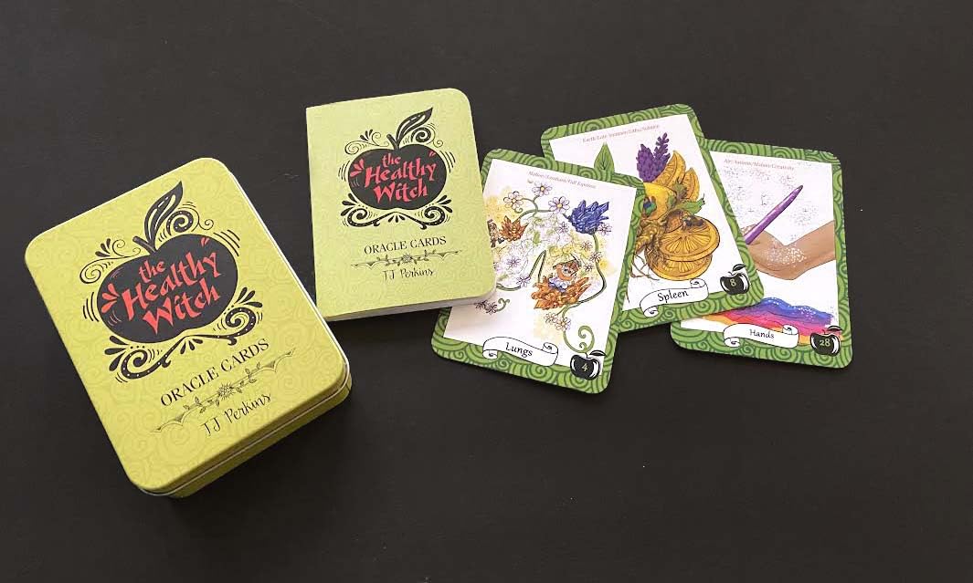 Set of 'The Healthy Witch' oracle cards with a yellow box on a black background