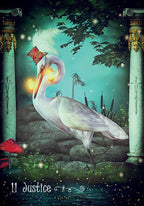 Decorative card with a stylized heron and classical columns, featuring the word 'Justice'.