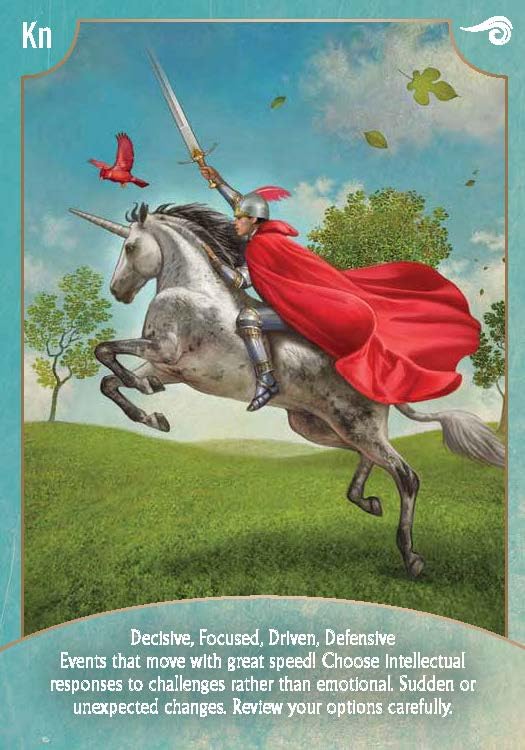 Card with a knight on a unicorn, red cape, and text about decisive events.
