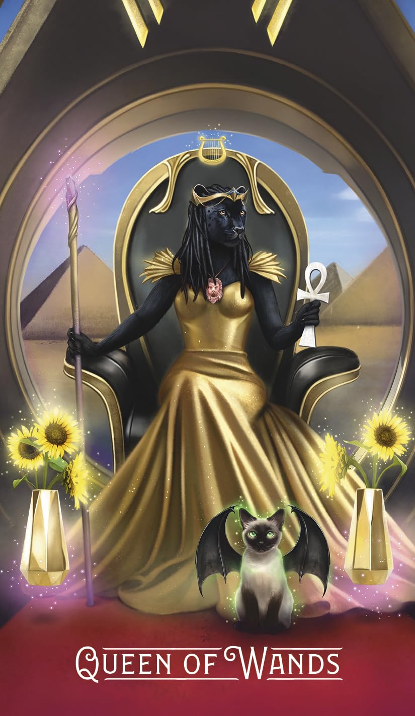 Tarot card featuring a black cat in a gold dress with 'Queen of Wands' text.