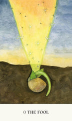 Illustration of a sprouting seedling with a bright light shining on it, labeled 'O The Fool'.