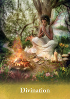 Woman in a fairy costume sitting by a campfire with tarot cards and crystals, surrounded by nature.