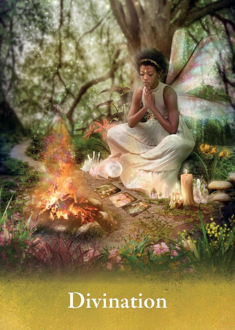 Woman in a fairy costume sitting by a campfire with tarot cards and crystals, surrounded by nature.