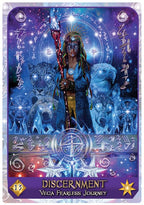 Card featuring a character with a staff and animals, titled 'Discernment' from 'Vega Fearless Journey'.