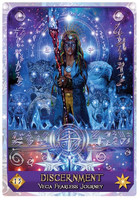 Card featuring a character with a staff and animals, titled 'Discernment' from 'Vega Fearless Journey'.