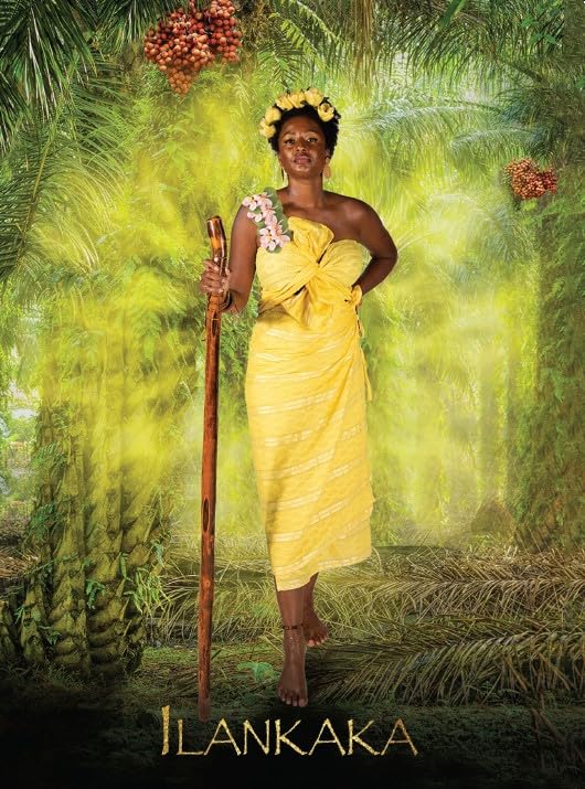 Woman in a yellow dress holding a staff in a tropical setting with 'ILANKAKA' branding.