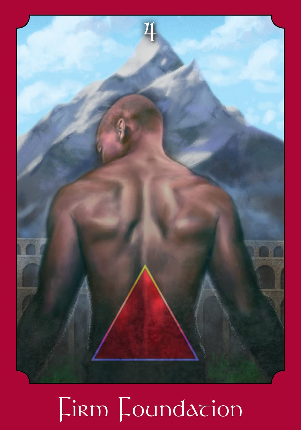 Artistic depiction of a person with a red triangle on their back, set against a mountainous landscape.