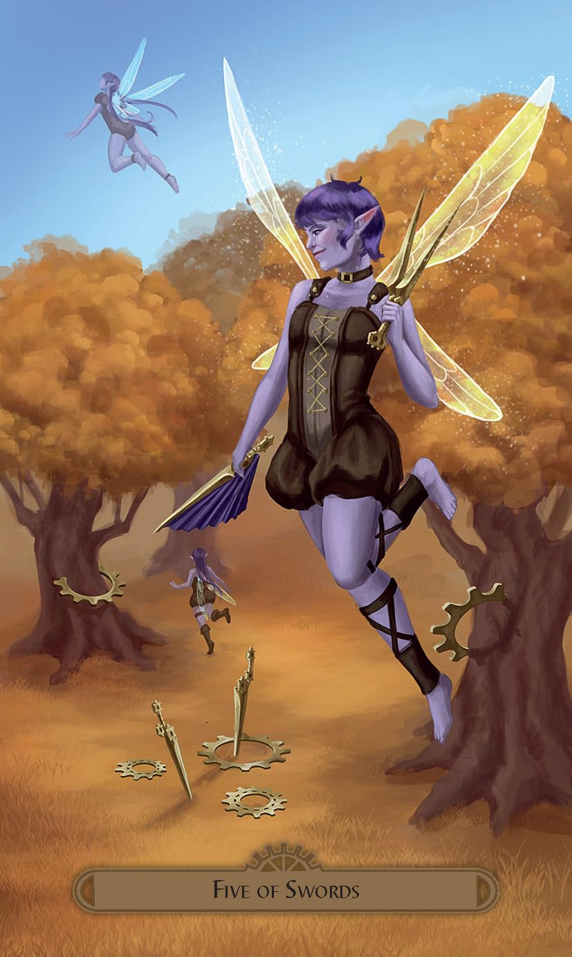 Fairy with large wings in a forest setting, labeled 'Five of Swords' from a tarot card.