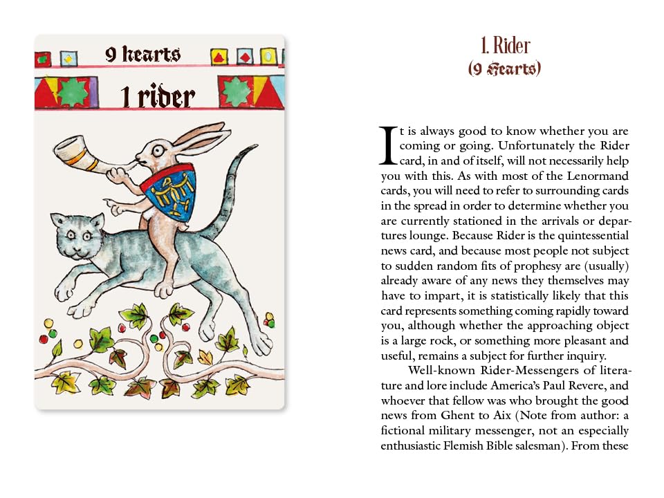 Card from a tarot deck with rabbit and cat illustration and descriptive text.