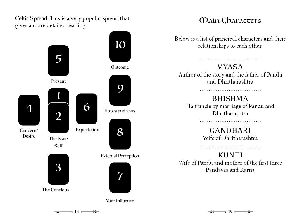 Celtic Spread tarot card layout with character list on a white background