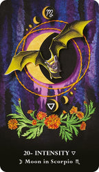 Card with a bat, moon, and flowers on a dark background