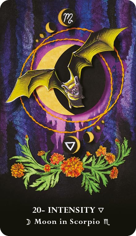 Card with a bat, moon, and flowers on a dark background