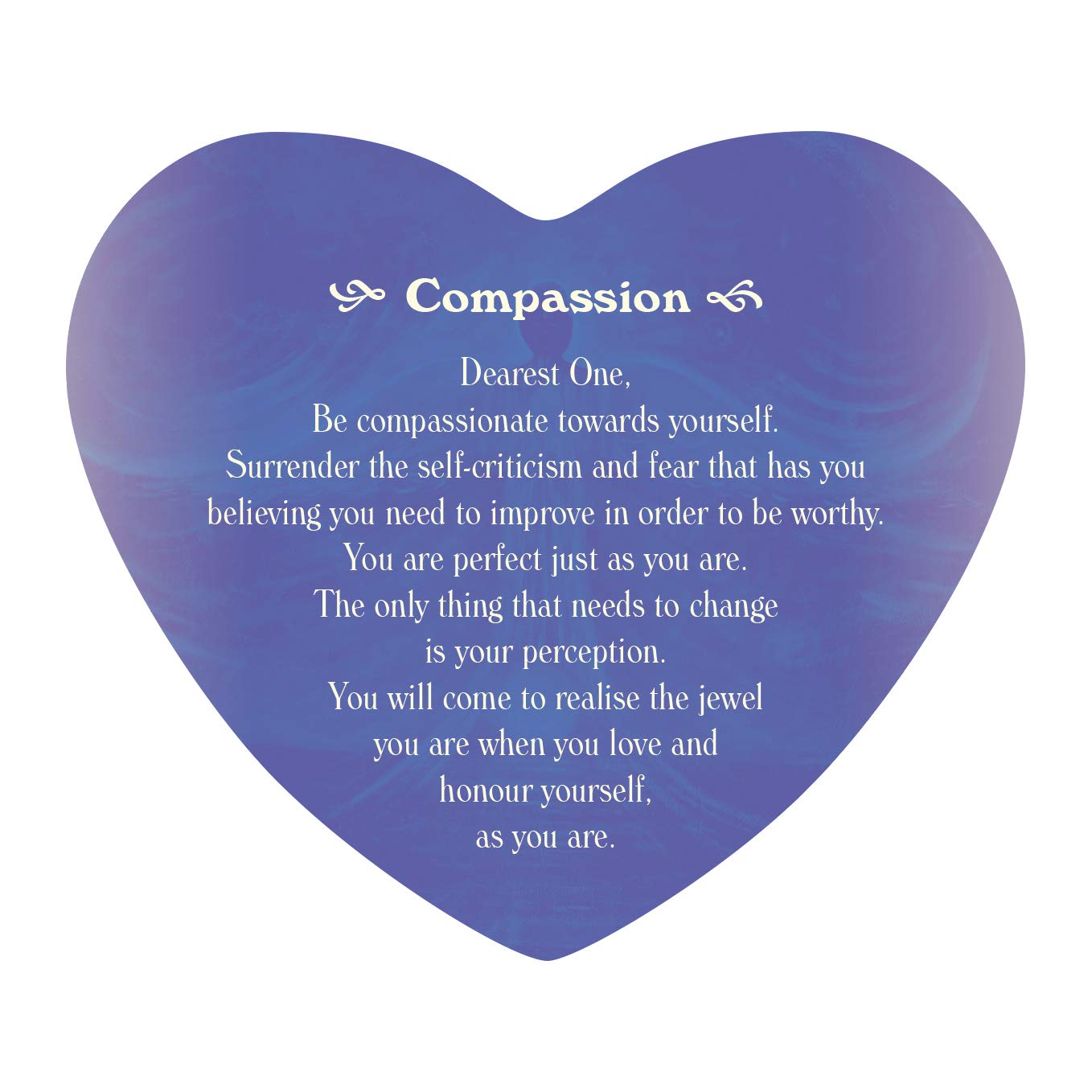 Heart-shaped purple background with a message about compassion and self-acceptance.