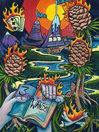 Colorful artwork with tarot cards, nature elements, and a hand holding a book titled '5 of Wands'.
