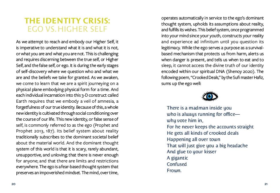 Page from a book or magazine with text on identity crisis, ego, and higher self.