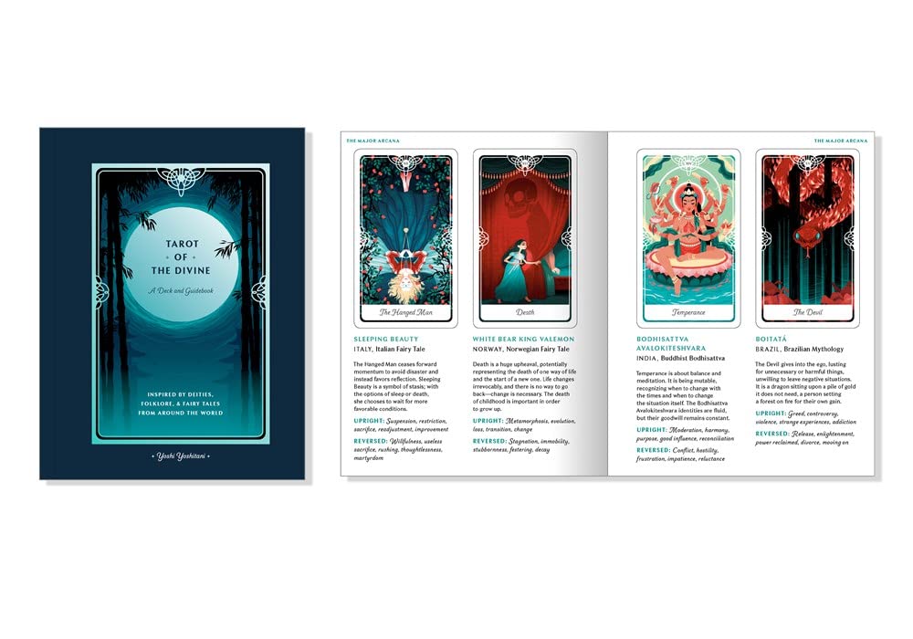Open book displaying tarot cards with colorful illustrations and text on a white background