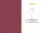 Table of contents page with a maroon patterned left side and white text on the right.