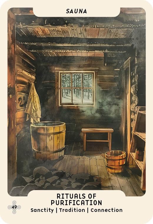 Illustration of a sauna with wooden interior, barrel, and window, labeled 'Rituals of Purification'.