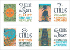 Set of tarot card illustrations with text describing each card's meaning.