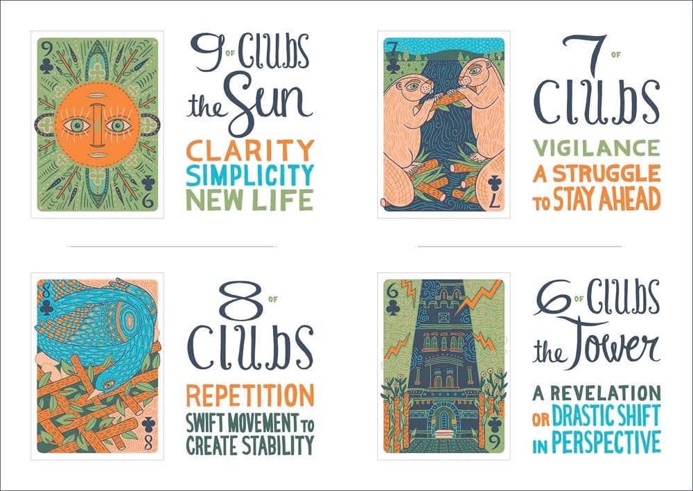 Set of tarot card illustrations with text describing each card's meaning.